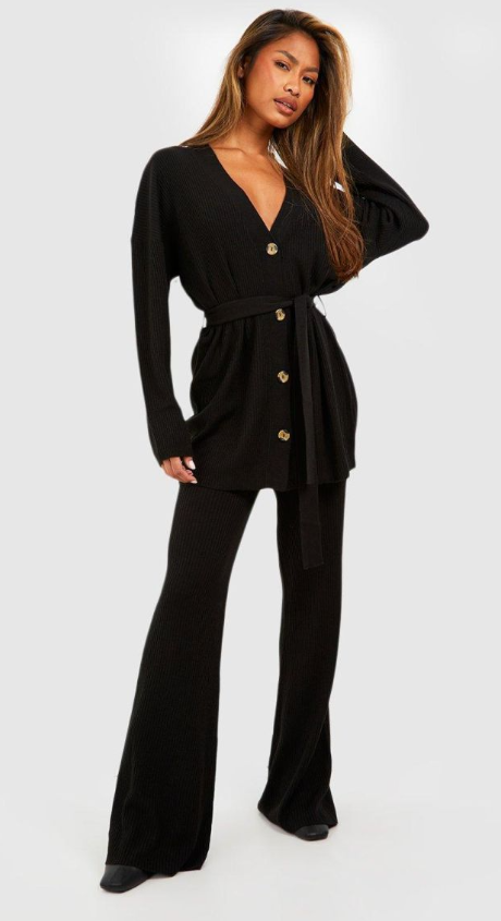 Boohoo - Knitted Cardigan & Wide Leg Trouser Co-ord - black SET