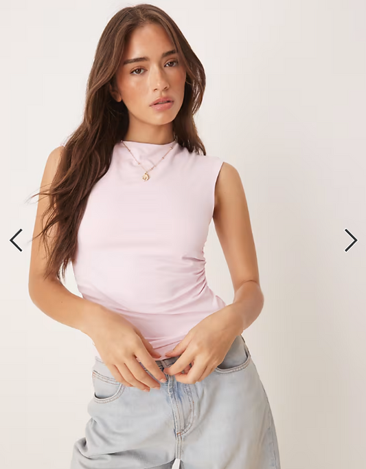 ASOS DESIGN polyamide ruched tank top with open back in pastel pink