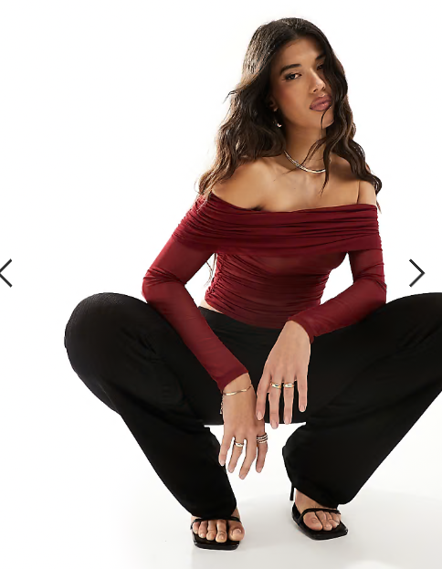ASOS DESIGN deep bardot mesh long sleeve top in burgundy