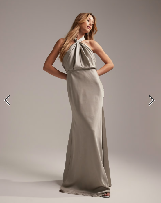 ASOS DESIGN Bridesmaid satin ruched halter neck maxi dress in sage green