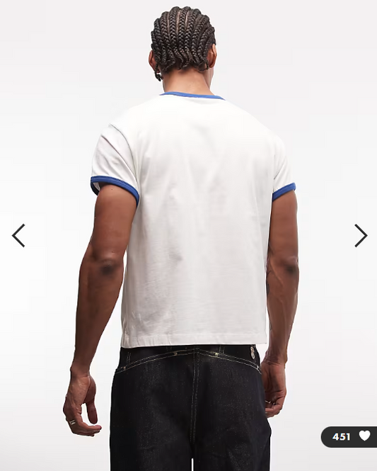 Reclaimed Vintage ringer tee with star print in white and navy blue