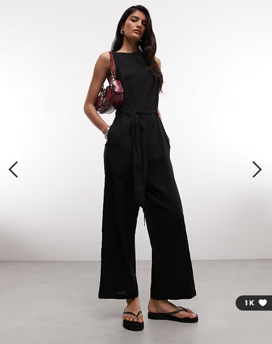 Monki linen sleeveless wide leg jumpsuit with tie belt detail in black