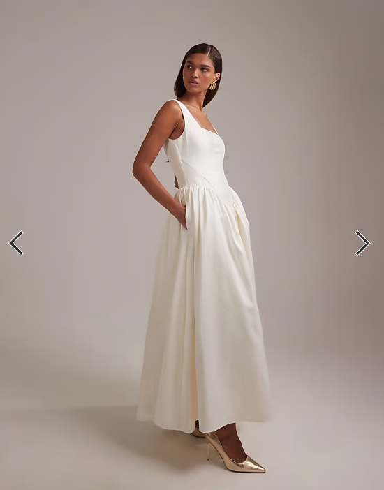 ASOS DESIGN square neck structured full skirt midi wedding dress in ivory