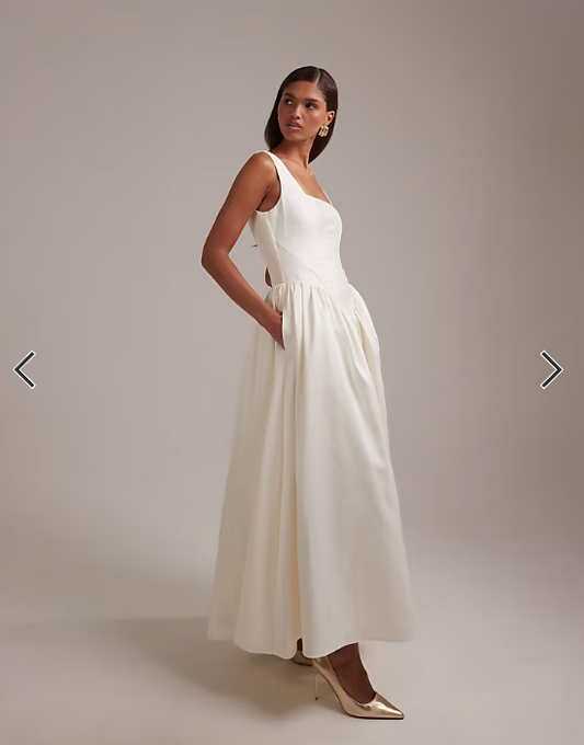 ASOS DESIGN square neck structured full skirt midi wedding dress in ivory