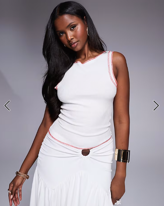 Princess Polly fine rib knit sleeveless contrast stitch tank top in white