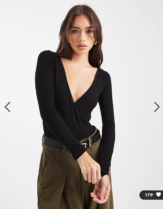 Miss Selfridge wrap long sleeve bodysuit in black