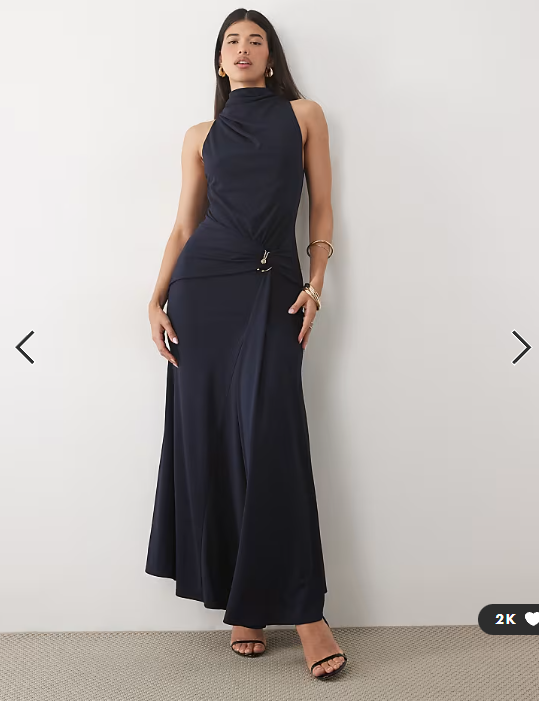 ASOS DESIGN high neck drape maxi dress with trim detail in navy
