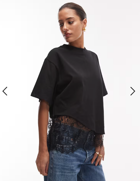 ASOS DESIGN short sleeve t-shirt with lace hem detail in black