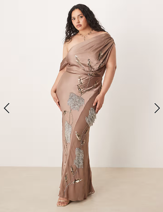 ASOS DESIGN Curve floral embellished chiffon satin mix maxi dress in mocha