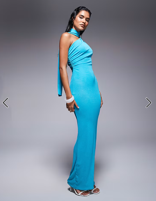 Kaiia exclusive one shoulder mesh scarf detail sheer maxi dress in aquamarine