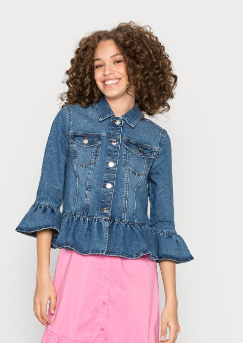 ONLY ONLSIA FRILL JACKET - Denim jacket - medium blue denim