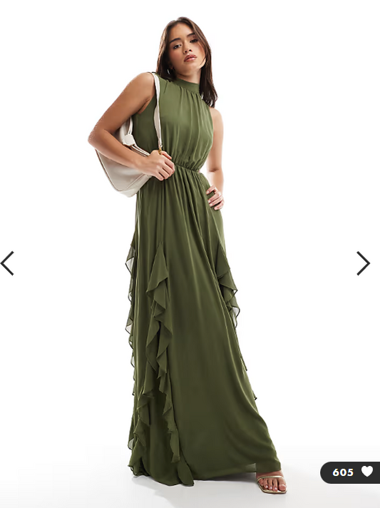 TFNC ruffle detail maxi dress with open back and thigh split in soft olive