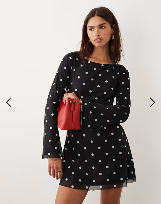 Princess Polly Lukea mesh flare sleeve open back mini dress in black polka