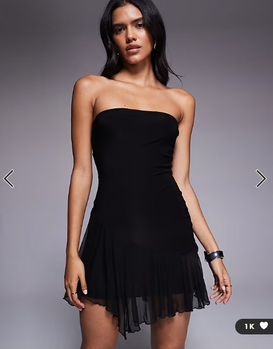 Fashionkilla exclusive mesh overlay bandeau asymmetric frill hem mini dress in black