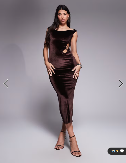 ASOS DESIGN velvet bardot midi dress with cut out and trim in mocha