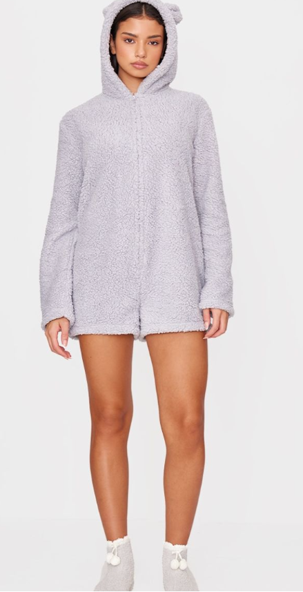 Grey Hooded Fleece Romper