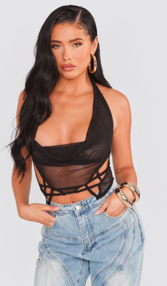 Black Printed Mesh Longline Open Back Cami Long Top