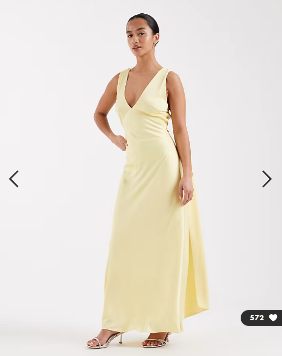 TFNC Petite Bridesmaids v-neck satin lace up back maxi dress with scarf in yellow