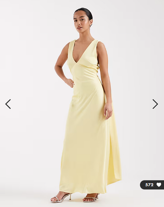 TFNC Petite Bridesmaids v-neck satin lace up back maxi dress with scarf in yellow