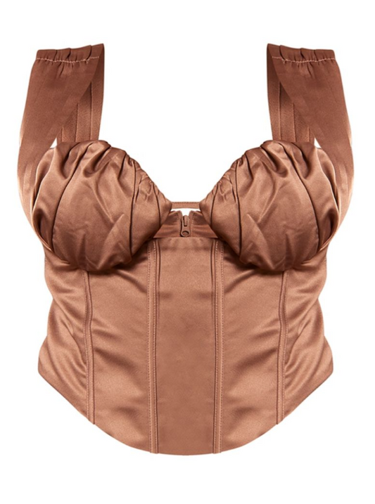 Plus Mocha Constructed Satin Ruched Bust Corset