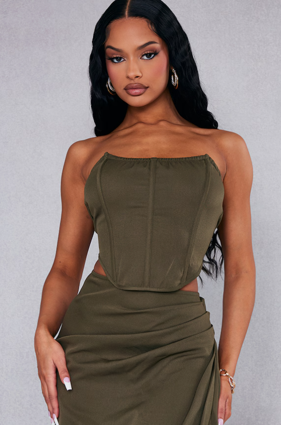 Khaki Woven Structured Bandeau Corset
