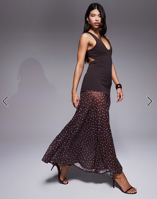 ASOS DESIGN crepe maxi dress with sheer skirt in polkadot in scuba-style fabric