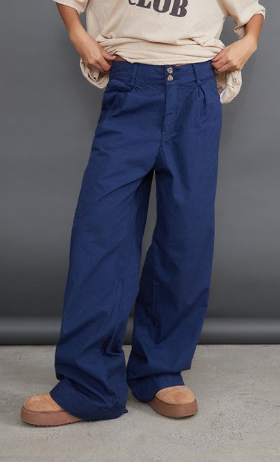 Ink Blue Woven High Waist Pleated Front Wide Leg Trousers