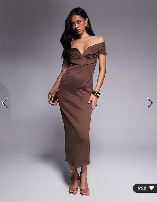 ASOS DESIGN sculpted bardot midi pencil dress with seam detailing in chocolate