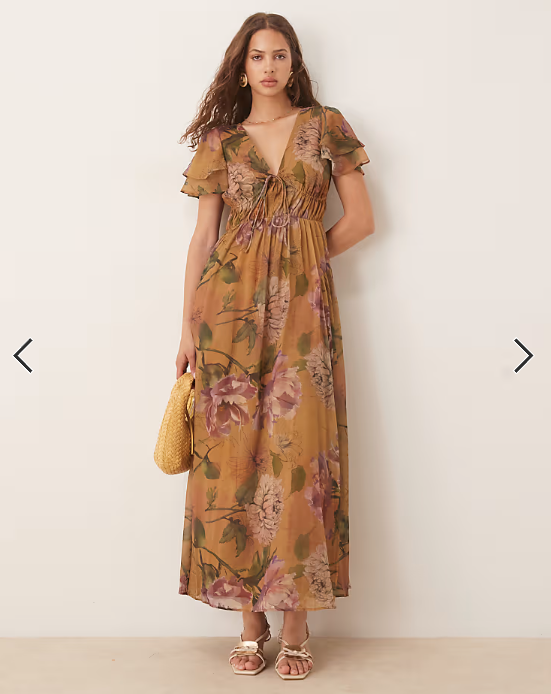ASOS DESIGN v neck angel sleeve cut out maxi dress in floral print