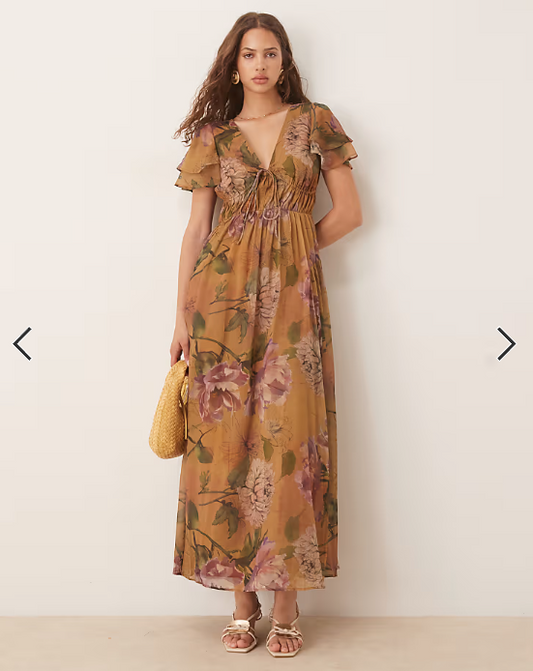 ASOS DESIGN v neck angel sleeve cut out maxi dress in floral print