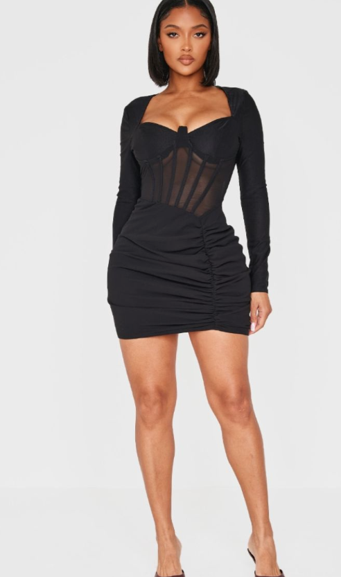 Shape Black Mesh Insert Corseted Ruched Side Mini Dress