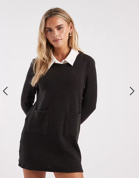 Vero Moda Petite 2 in 1 long sleeve knitted mini dress with poplin collar in black