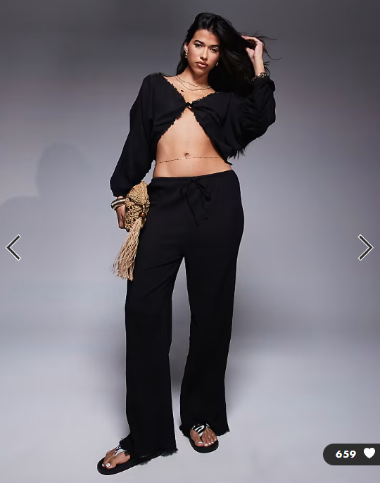Asos - mira cotton crinkle wide leg beach trouser in black
