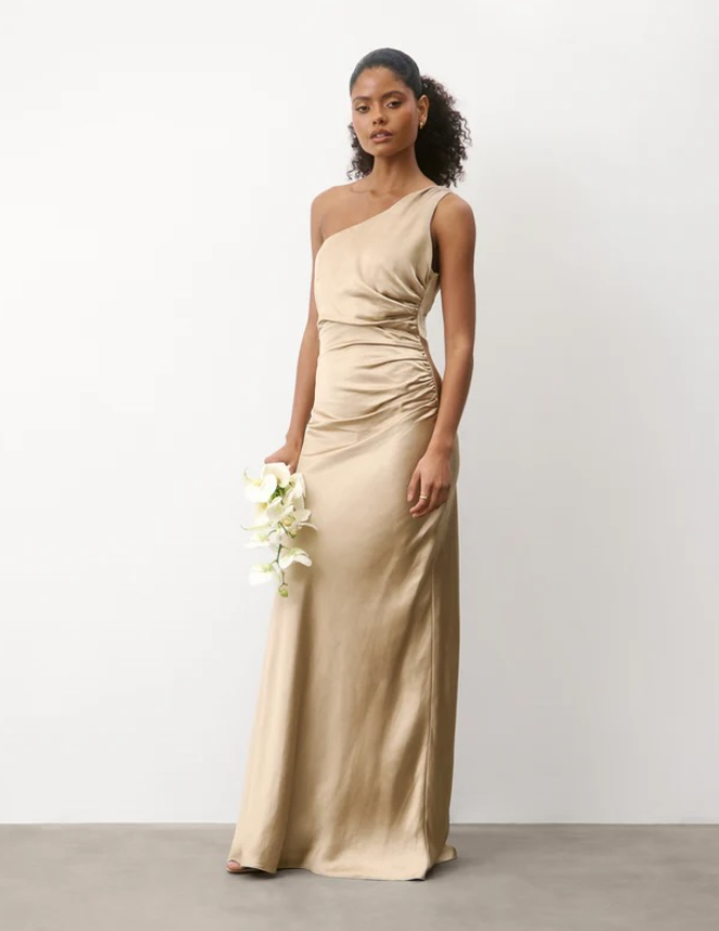 Six Stories - alex - One Shoulder Satin Bridesmaid Dress - Champagne