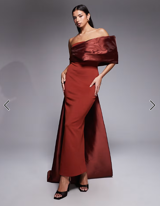 ASOS DESIGN Premium one shoulder draped maxi dress with contrast satin train in rust scuba-style fabric