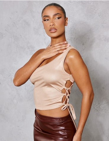 STONE MATTE SLINKY LACE UP SIDE CROP TOP