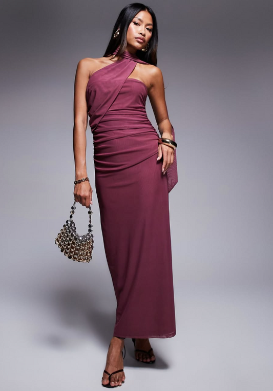 ASOS DESIGN bandeau mesh maxi dress with scarf detail in dusky pink