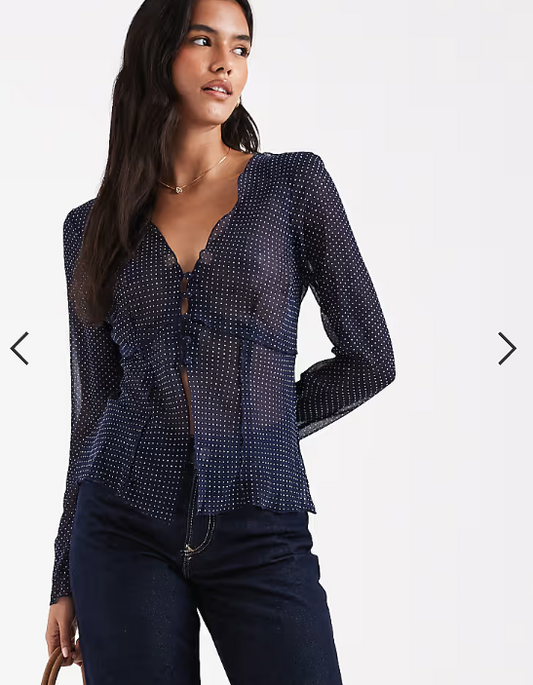 ASOS DESIGN tie front long sleeve chiffon blouse in polka dot