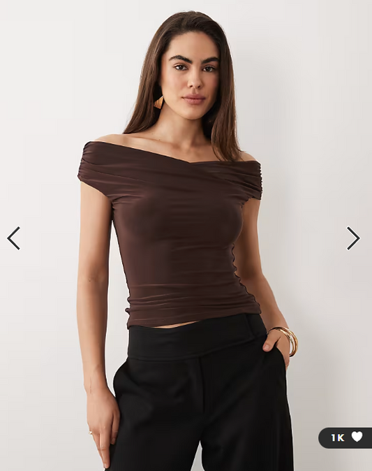 ASOS DESIGN soft touch ruched shoulder grazer top in chocolate