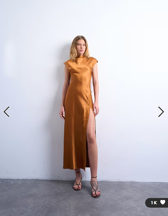 Topshop satin drape neck maxi dress with lace trim in caramel