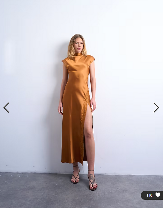 Topshop satin drape neck maxi dress with lace trim in caramel