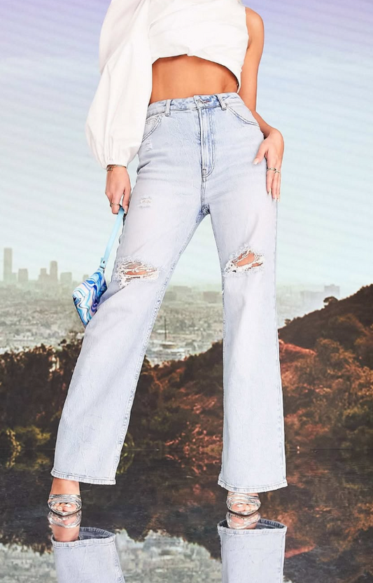 ASOS DESIGN × MILLIE wide leg ripped knee jean in light wash blue