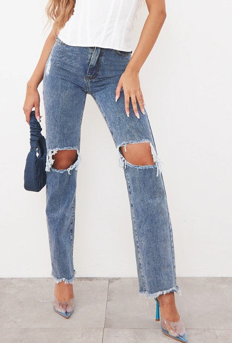 Vintage Wash High Rise Ripped Straight leg Jeans