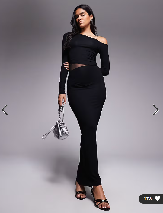 ASOS DESIGN asymmetric long sleeve midi dress with mesh panel waist in black