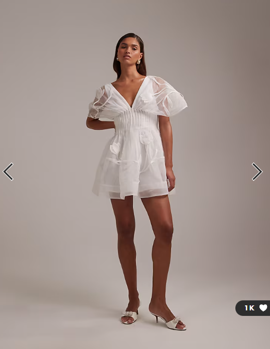 ASOS DESIGN bridal trailing 3D floral pintuck cinch waist mini dress in ivory