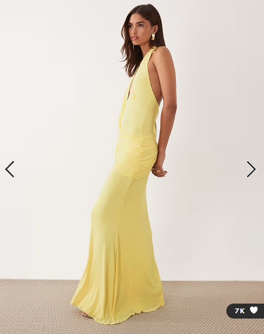 ASOS DESIGN mesh halter maxi dress with draped sash detail in lemon