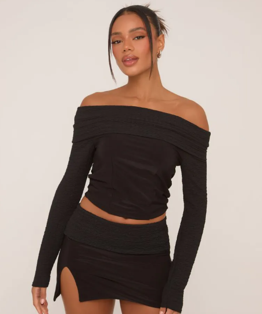 Fold Over Bardot Top In Black Texture
