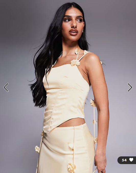 Wanderdoll Esmerelda premium satin flower detail halterneck corset top in lemon - part of a set