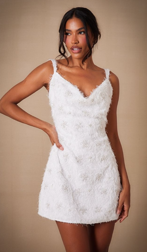 Premium White Sequin Embroidered Cowl Neck Shift Dress