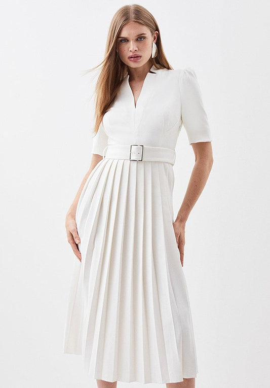 Petite Tailored Structured Crepe Forever Pleat Midi Dress